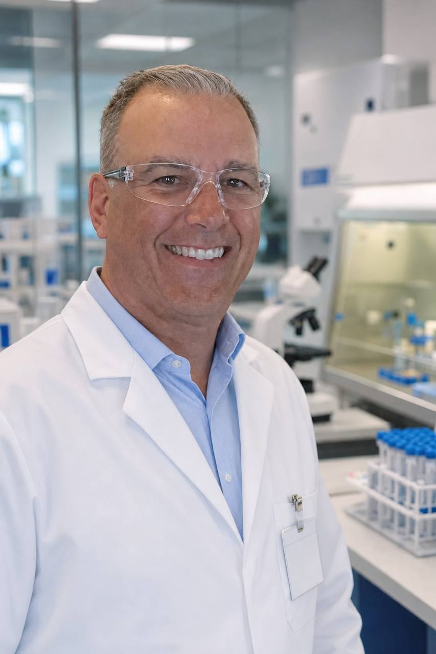 Mark Wilson at a laboratory bench wearing safety glasses