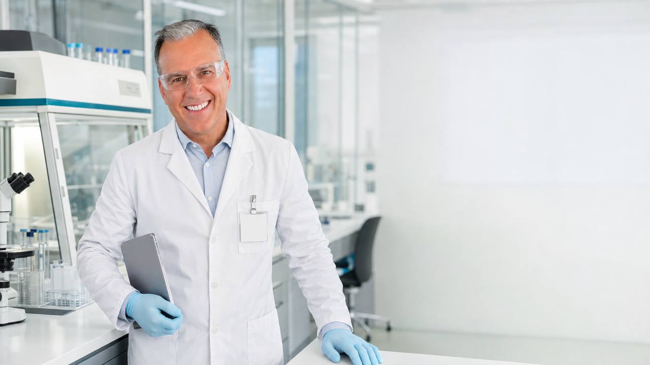 Mark Wilson holding a tablet beside laboratory equipment